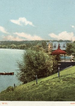 Colorized postcard featuring an illustration of Lake Mendota, the boat house, and the "Red Gym."