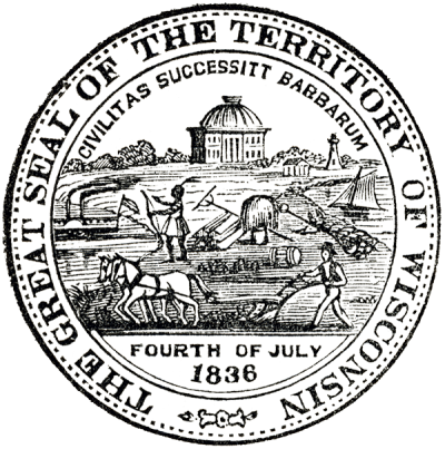 The official 1836 territorial seal featured the figure of a white man breaking the land with a team and plow. He was surrounded by ships, lighthouses, and steamboats, the elements of a modern commercial economy. The large, domed capitol building represented the institutions of a new government, which 12 years later established the University of Wisconsin.