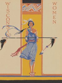 A yearbook page with an illustration of a woman wearing feathers in her hair and holding a spear.