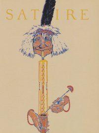 A yearbook page with the word "Satire" above an illustration of a Native American man smoking a large pipe.