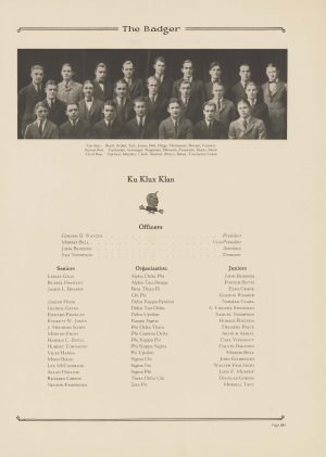 Ku Klux Klan members seated for their 1924 Badger yearbook photo.