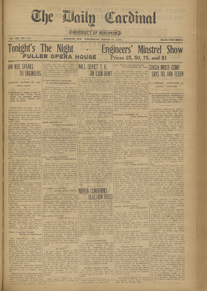 Newspaper frontpage from the Daily Cardinal, including an article headlined" Van Hise Speaks to Engineers".