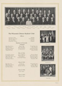 Chinese Students’ Club members seated for a large group photo. Members showcase their annual opera, basketball, and theater events in the yearbook.