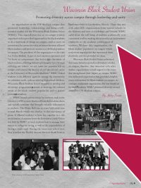 2010 Yearbook page by Aisha Smart on the Wisconsin Black Student Union. Students hold a sign displaying the name of their organization and smile in groups at various events.