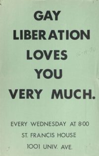 Green flyer with the words “Gay Liberation Loves You Very Much” advertises the weekly events for the Madison Alliance for Homosexual Equality.