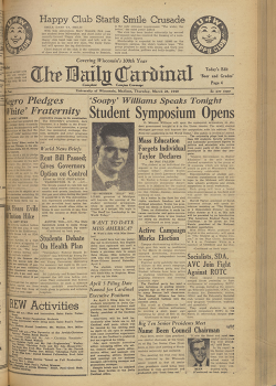Newspaper frontpage from the Daily Cardinal, including an article headlined "Negro Pledges 'White' Fraternity".