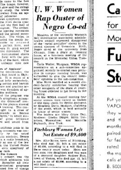 Capital Times newspaper page with an article headlined "U.W. Women Rap Ouster of Negro Co-Ed".