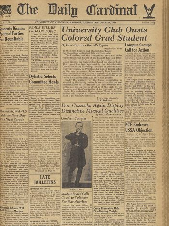 Daily Cardinal newspaper frontpage with the headline "University Club Ousts Colored Grad Student".