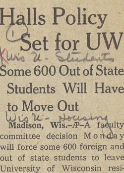 A newspaper clipping from the Wisconsin State Journal with the headline “Halls Policy Set for UW”.