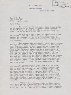 A typewritten letter from Regent W.J. Campbell to University President E.B. Fred regarding a Regents resolution on human rights.