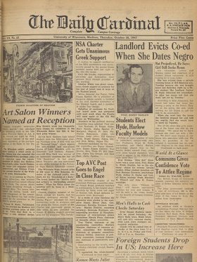 A Daily Cardinal newspaper frontpage with an article headlined “Landlord Evicts Co-Ed When She Dates Negro”.