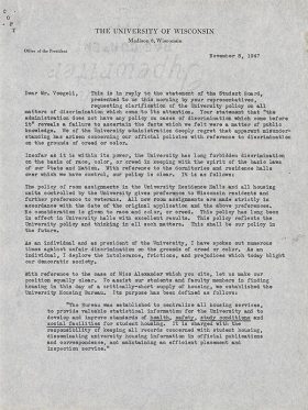 A typewritten letter from University President E.B. Fred to Student Board President Mr. Royal Voegeli regarding housing discrimination.