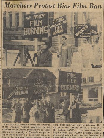 Capital Times article displaying photos of protestors holding up signs. One reads, “Sifting, Winnowing, and Film Burning.”