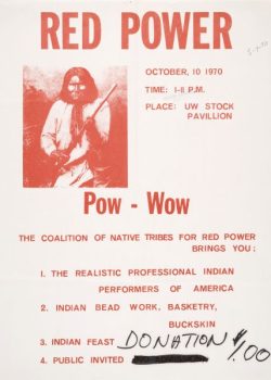 A one-color flyer, deep red, reads "Red Power" along with the dates and information for a pow wow. A native tribe member is pictured holding a rifle