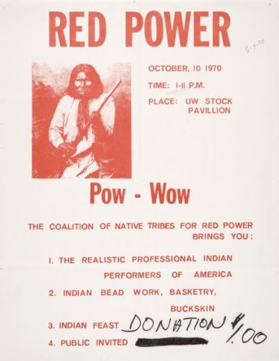 A one-color flyer, deep red, reads "Red Power" along with the dates and information for a pow wow. A native tribe member is pictured holding a rifle