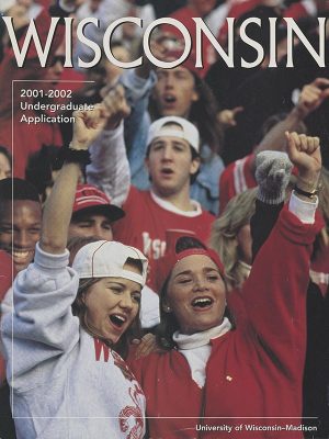 The cover of the 2000 Admissions brochure shows two white women smiling and cheering at a Badger football game. In the back left is a photoshopped image of a Black man who did not attend the game.