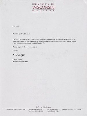 A brief typewritten letter from the Admissions Department regarding a photoshopped brochure cover.
