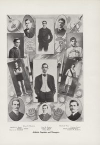 Portrait of Gordon Lewis among collage of portraits of athletic captains and managers.