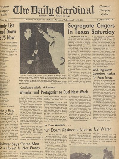 A Daily Cardinal newspaper frontpage with a headline reading "Segregate Cagers In Texas Saturday".