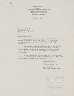 A typewritten letter and report from the UW–Madison Student Board to University President E.B. Fred regarding UW Police Department conduct.