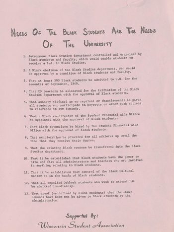A typewritten list on pink paper with the title “Needs of the Black students are the needs of the university”.