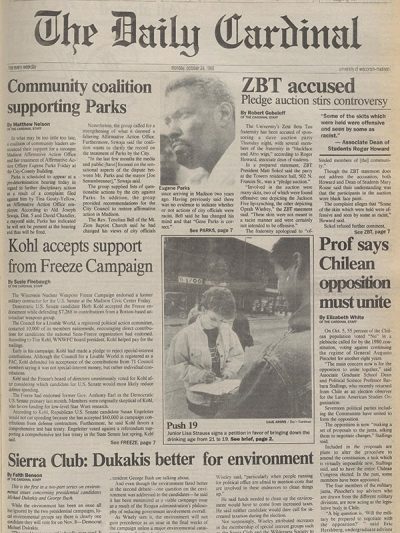 A Daily Cardinal newspaper frontpage with the headline "ZBT accused, pledge auction stirs controversy".