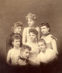 Ella Gernon, Mabel Bushnell, Mary Forbes, Sophia Clawson, Amy Stevens, Fanny Bunn, Cassandra Updegraff pose together.