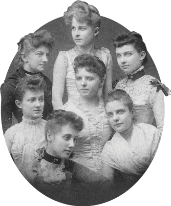 Ella Gernon, Mabel Bushnell, Mary Forbes, Sophia Clawson, Amy Stevens, Fanny Bunn, Cassandra Updegraff pose together.