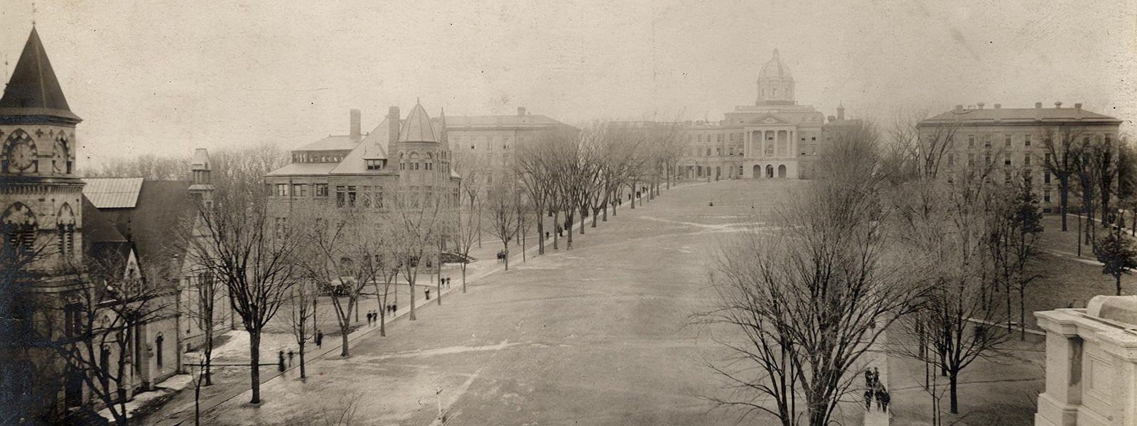 View looking up Bascom Hill towards Bascom Hall, taken from the top of the Wisconsin Historical Society building.