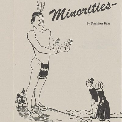 A pamphlet cover with the title "Minorities" and a cartoon illustration of a Native American man in a loincloth blocking the path of Pilgrims.