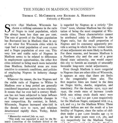 A page from the book in 2-column format with the heading "The Negro in Madison, Wisconsin" and the authors names: Thomas C. McCormick and Richard A. Hornseth.