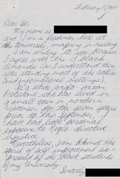 A handwritten letter in cursive script from a student to Chancellor Ed Young voicing support for the Black Student Strike.