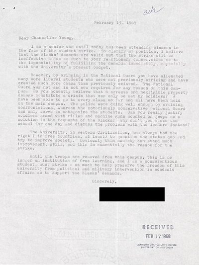 A typewritten letter from a student to Chancellor Ed Young criticizing Young's response to the Black Student Strike.
