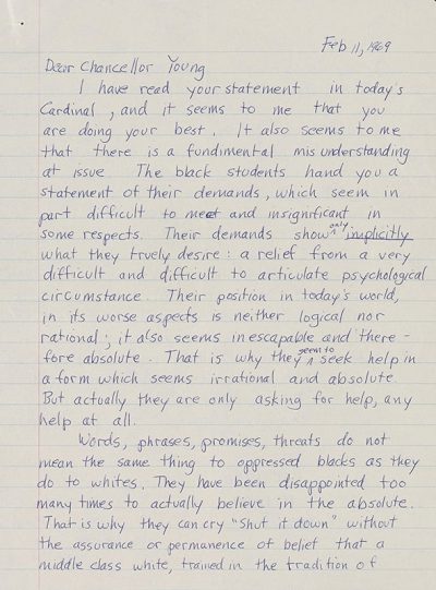 A handwritten letter on ruled notebook paper from a student to Chancellor Ed Young commenting on Young's response to the Black Student Strike.