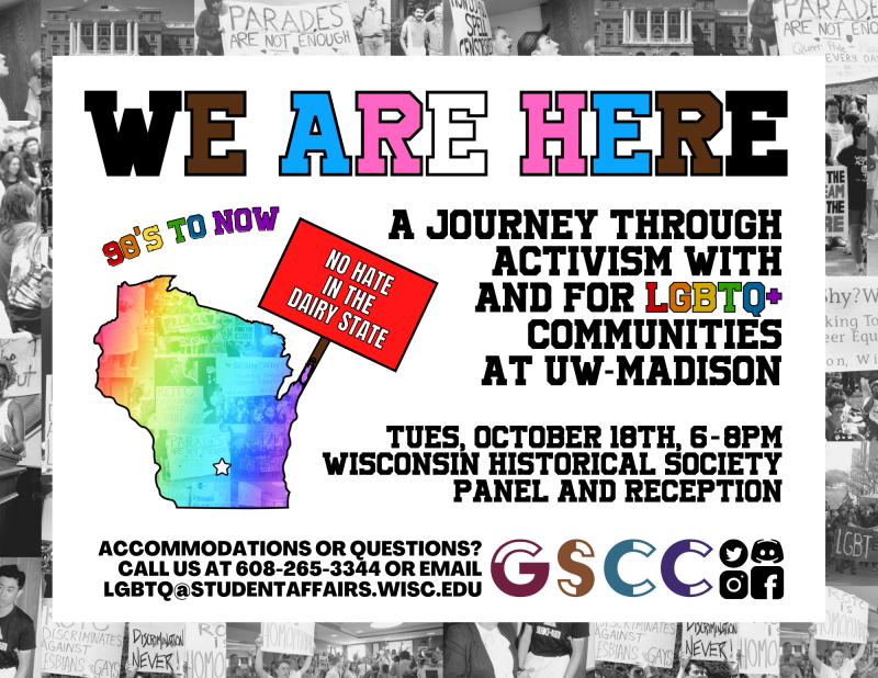 An event poster with a rainbow illustration of Wisconsin