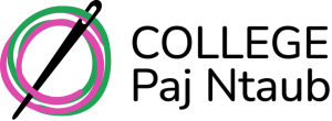 Logo for COLLEGE Paj Ntaub, which depicts a needle with pink and green thread. 